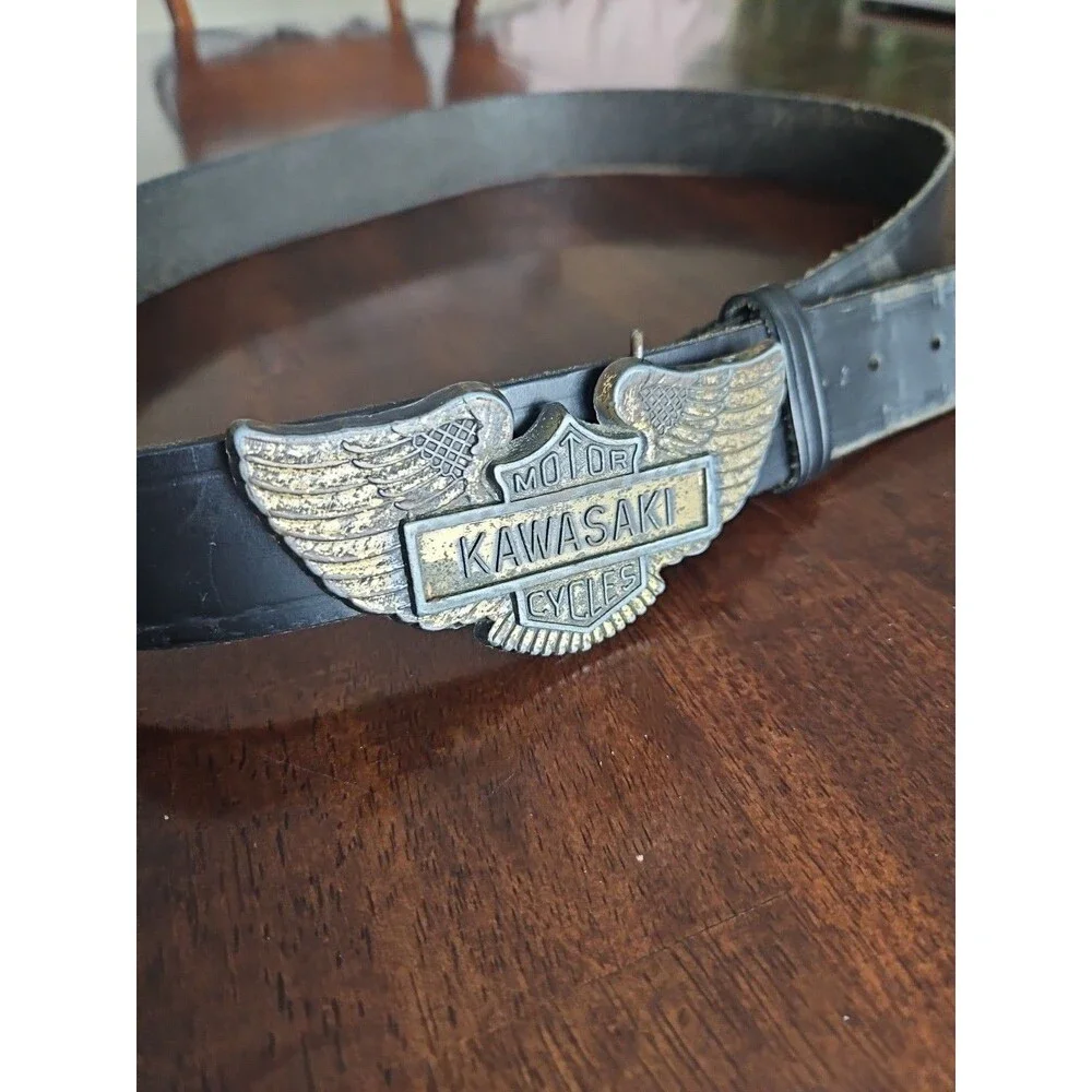 Vintage Kawasaki Motorcycles Buckle With Black Leather Belt, 49" - Picture 3 of 8